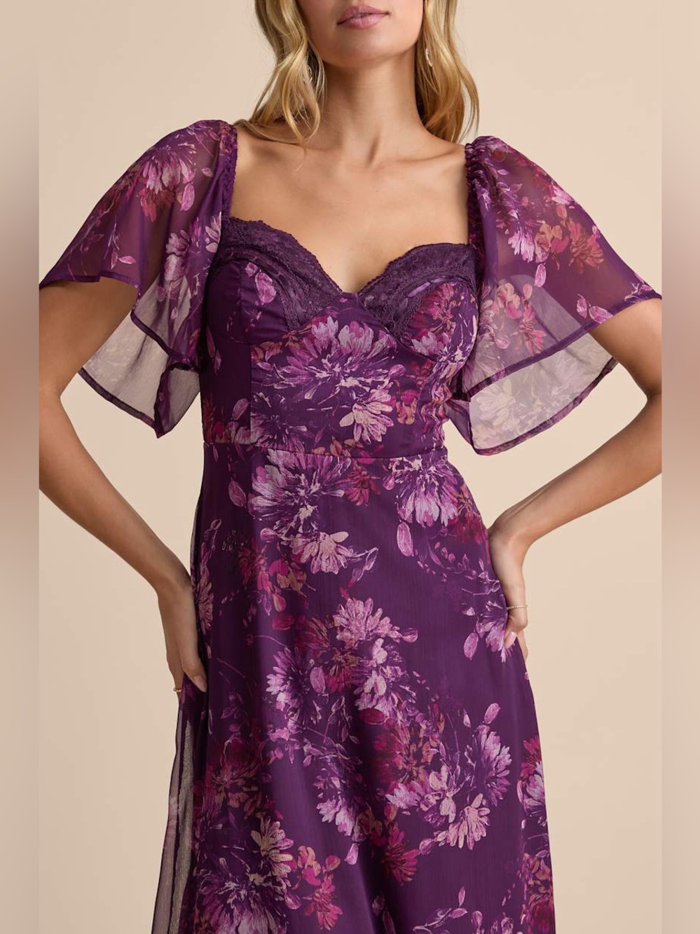 LULUS Floral Chiffon Lace Trim Sweetheart Neck Bustier Y2K Whimsigoth Dress L - Picture 6 of 8